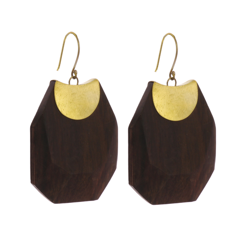 Topanga Earrings, Brass & Faceted Wood - Dark Wood