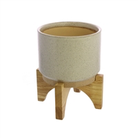 Ames Cachepot, Ceramic with Wood - Sm - White, Natural
