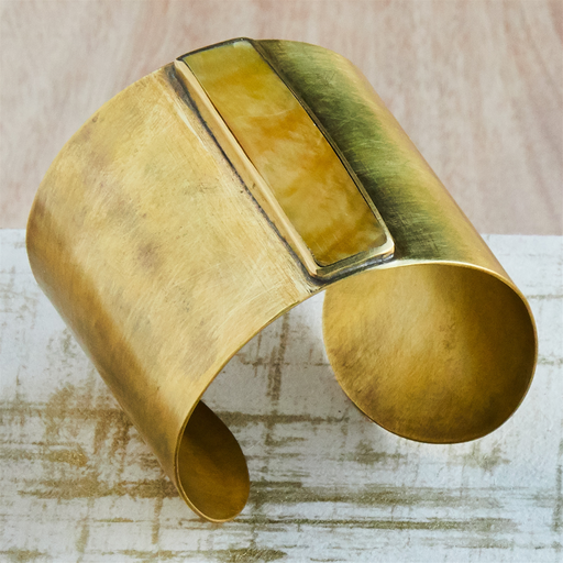 Suja Cuff with Bezel Set Rectangle MOP, Brass, Mother of Pearl