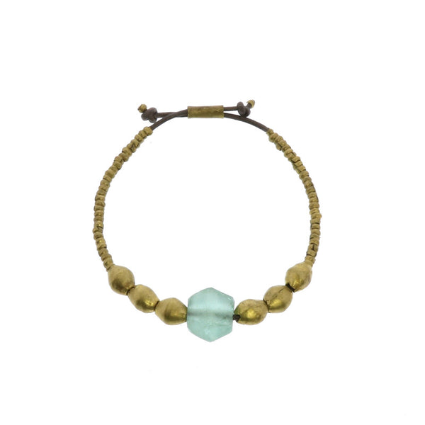 Seaglass Beaded Brass Bracelet-Aqua