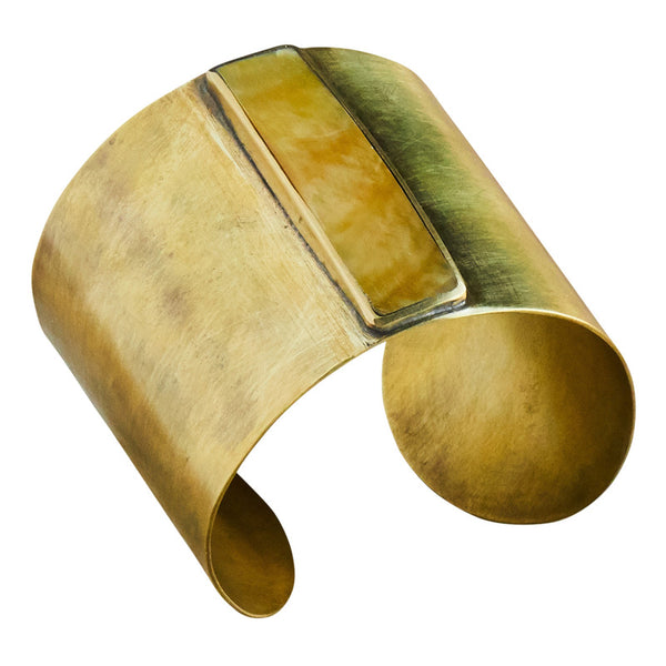 Suja Cuff with Bezel Set Rectangle MOP, Brass, Mother of Pearl