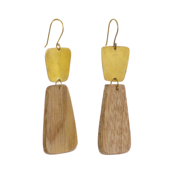 Leucadia Earrings, Brass & WoodÂ  - Trapezoids - Light Wood