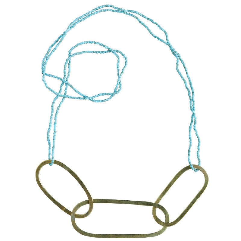 Copa Oval Necklace, Brass with Aqua Beads