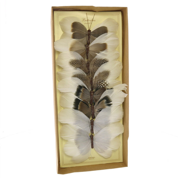 Natural Feather Butterflies on Clip, Box of 8 Assorted - White & Brown