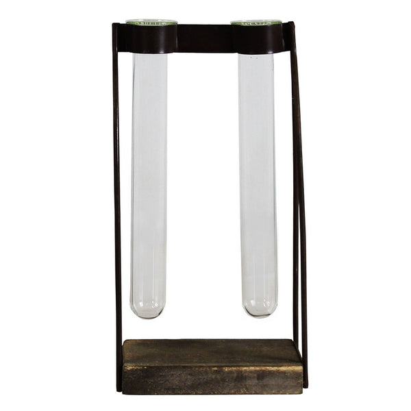 Mirabelle Double Tube Vase, Wood, Iron & Glass