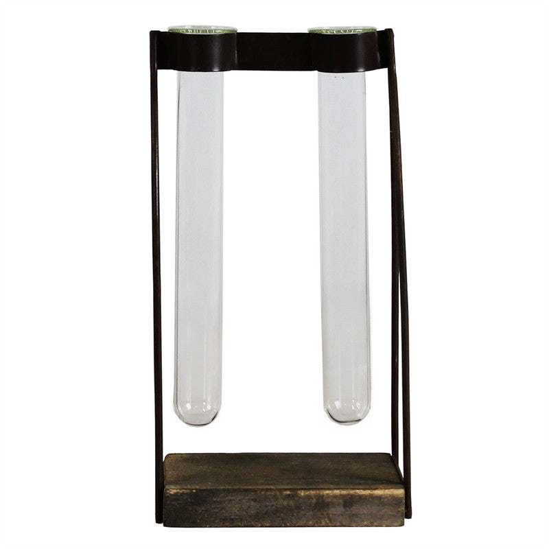 Mirabelle Double Tube Vase, Wood, Iron & Glass