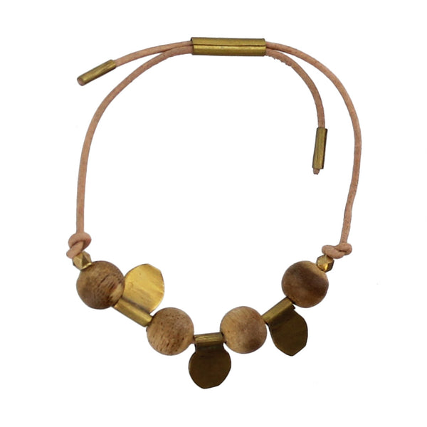 Aga Bracelet with Brass and Agarwood Beads - Natural Leather