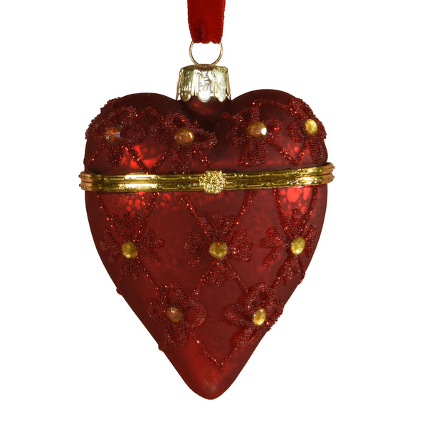 Bejeweled Heart Locket Ornament, Glass - Red - Red