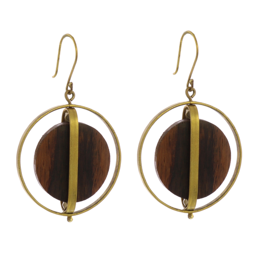 Ocotillo Earrings, Brass & Wood Caged - Dark Wood Brass