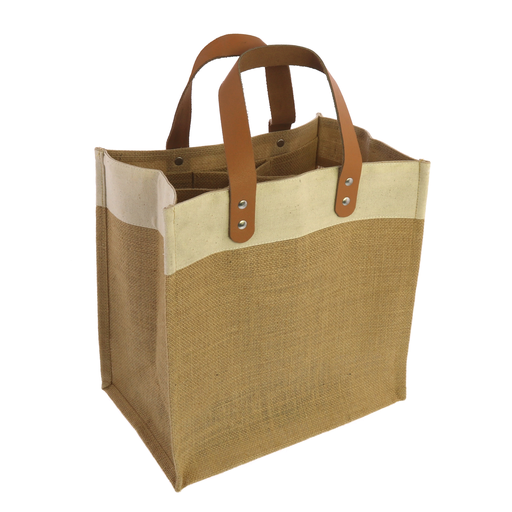 Uptown Wine Tote with Leather Handles - Jute and Canvas