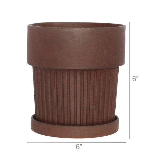 Ribbed Clay Pot & Saucer - Lrg - Brown Clay